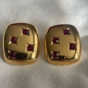 Vintage YSL Gold Tone & Red Rhinestone Clip On Earrings